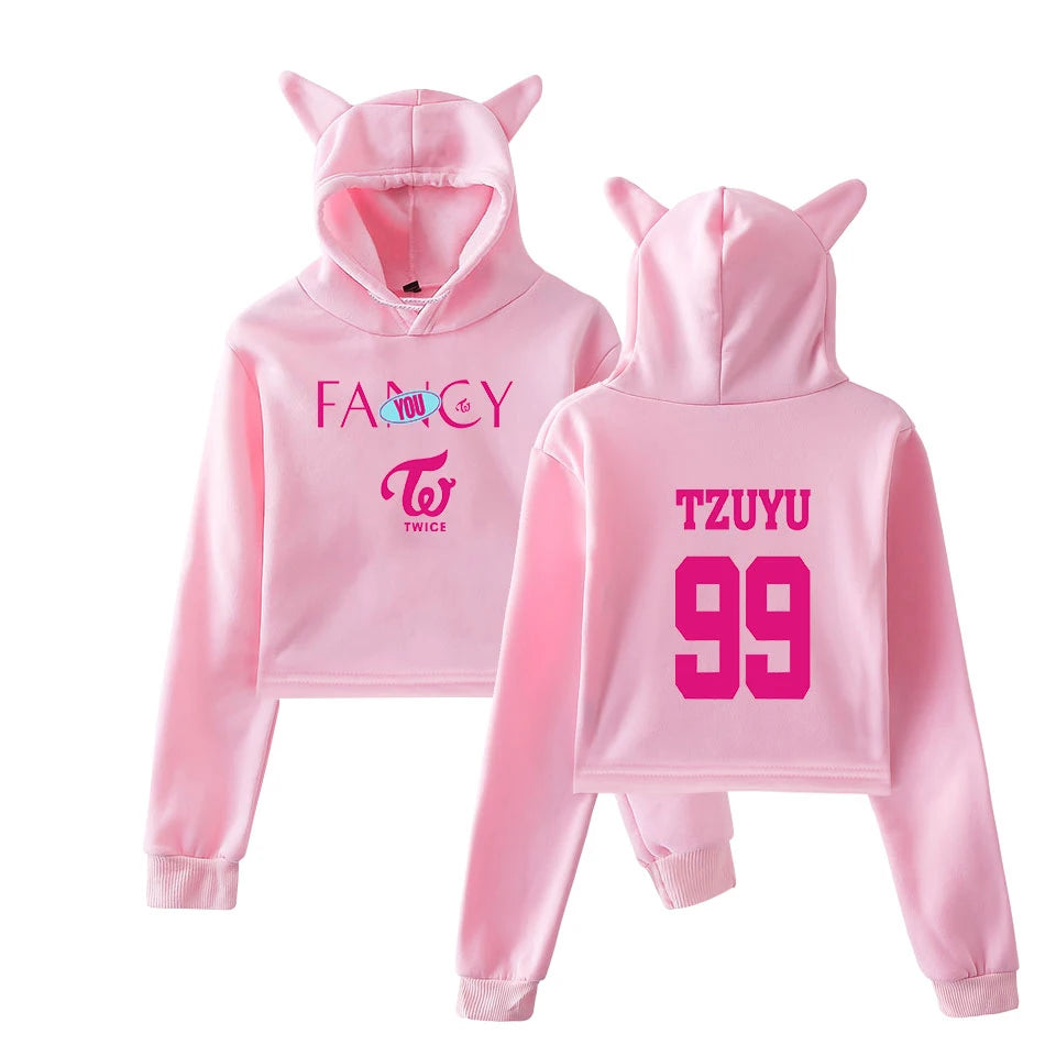 TWICE FANCY CROP TOPS | CAT EAR HOODIE K-POP CROP TOP