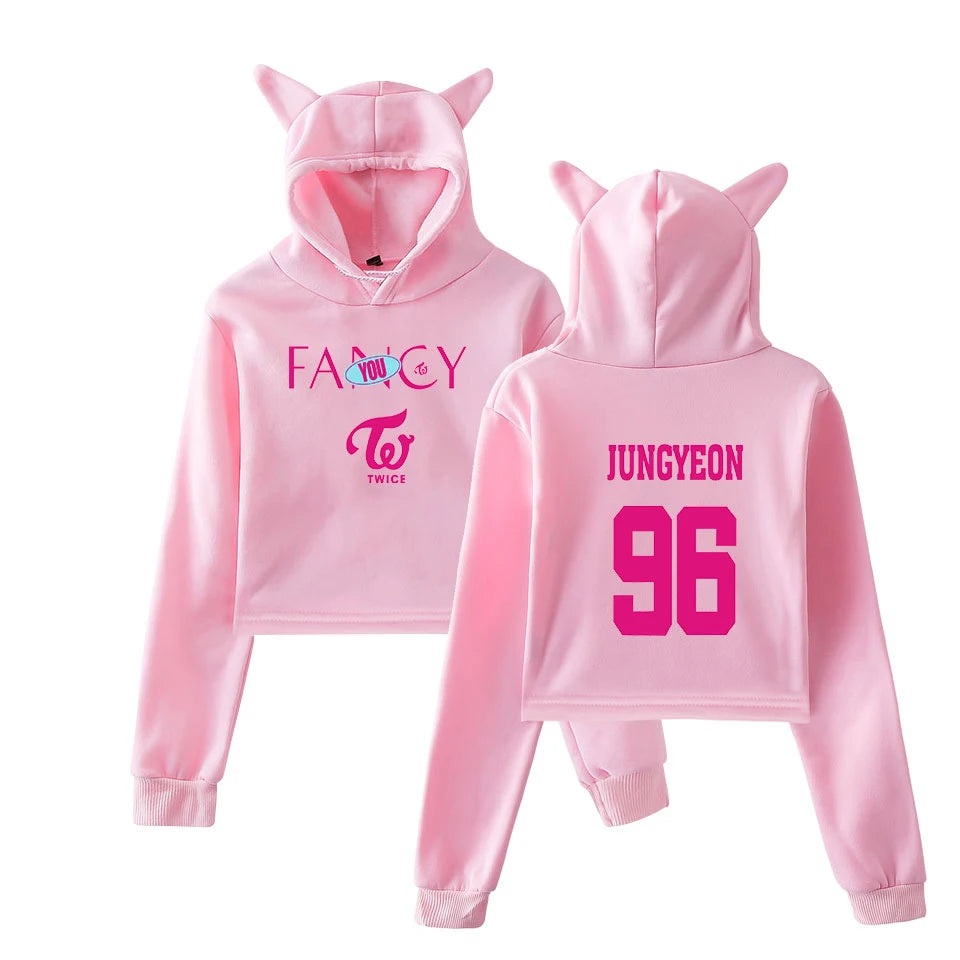 TWICE FANCY CROP TOPS | CAT EAR HOODIE K-POP CROP TOP