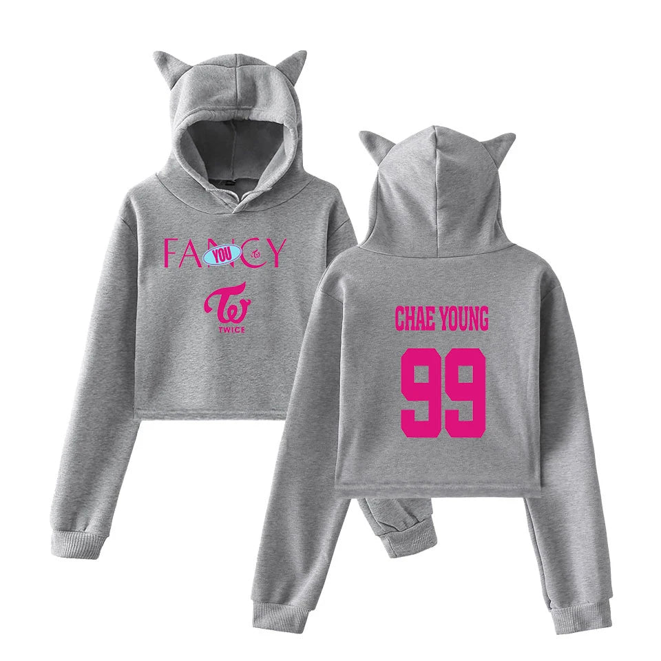 TWICE FANCY CROP TOPS | CAT EAR HOODIE K-POP CROP TOP
