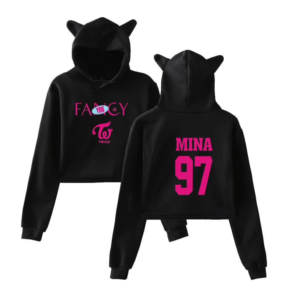TWICE FANCY CROP TOPS | CAT EAR HOODIE K-POP CROP TOP