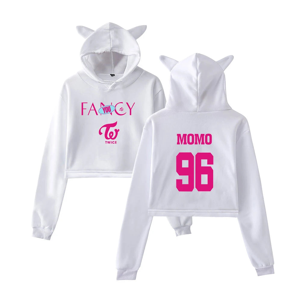 TWICE FANCY CROP TOPS | CAT EAR HOODIE K-POP CROP TOP
