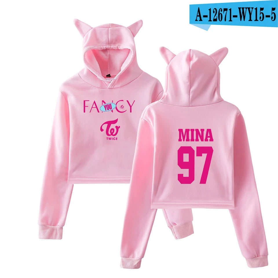 TWICE FANCY CROP TOPS | CAT EAR HOODIE K-POP CROP TOP